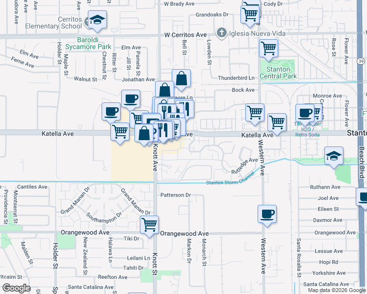 map of restaurants, bars, coffee shops, grocery stores, and more near 11058 Grant Way in Stanton
