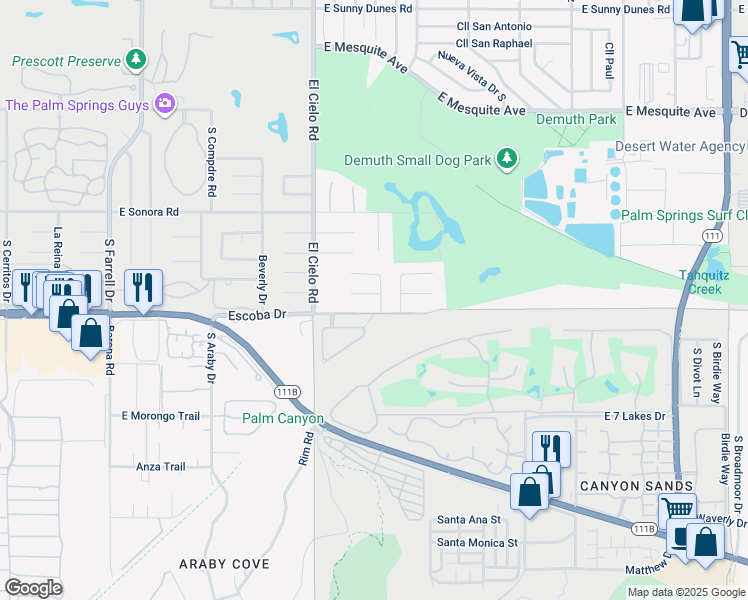 map of restaurants, bars, coffee shops, grocery stores, and more near 3599 El Gaucho Circle East in Palm Springs