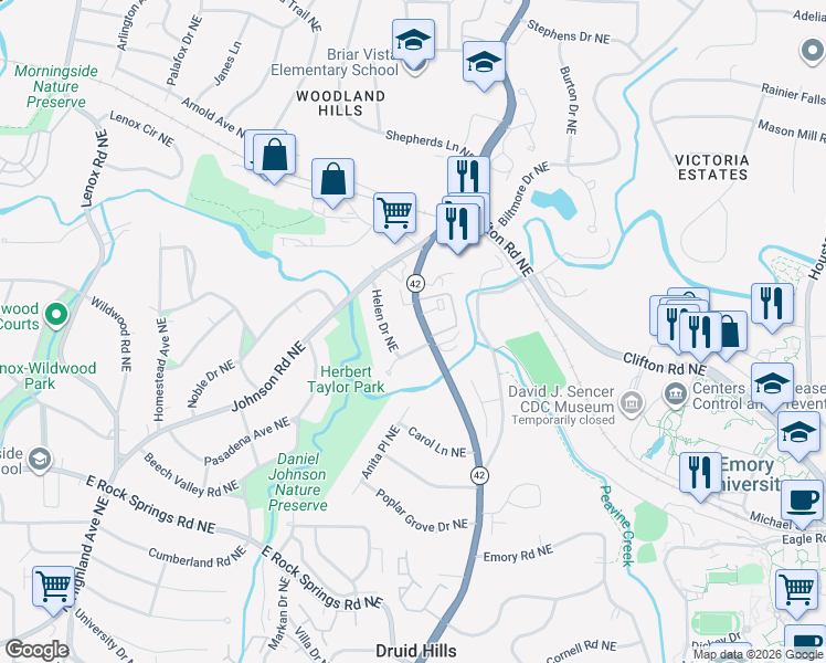 map of restaurants, bars, coffee shops, grocery stores, and more near 1659 Georgia 42 in Atlanta