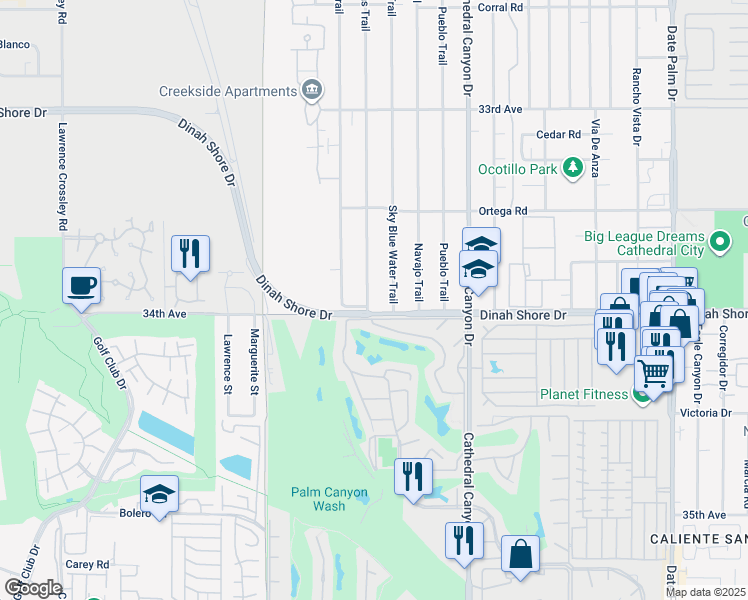 map of restaurants, bars, coffee shops, grocery stores, and more near 33936 Whispering Palms Trail in Cathedral City