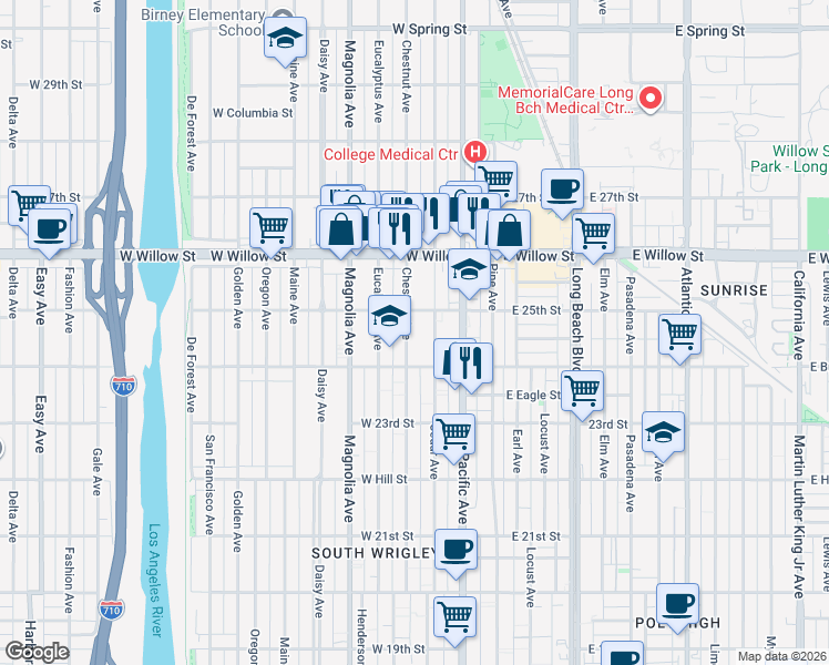 map of restaurants, bars, coffee shops, grocery stores, and more near 322 West 25th Street in Long Beach