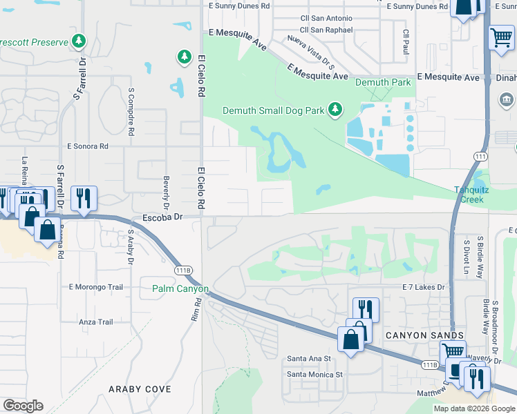 map of restaurants, bars, coffee shops, grocery stores, and more near 1681 Ponderosa Way in Palm Springs