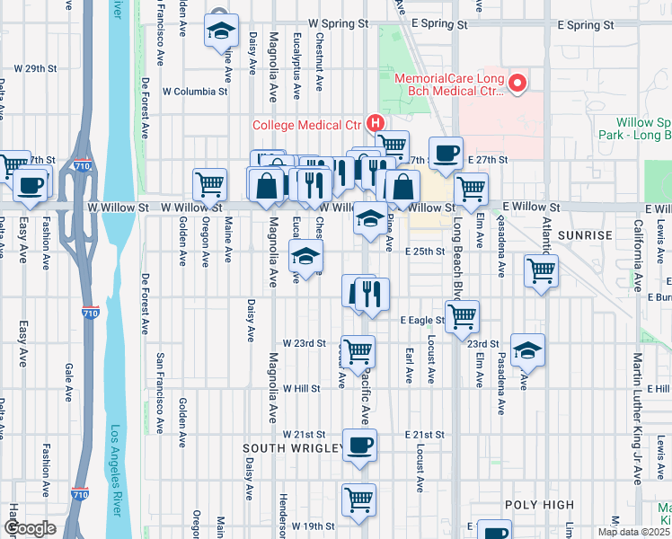 map of restaurants, bars, coffee shops, grocery stores, and more near 2459 Cedar Avenue in Long Beach