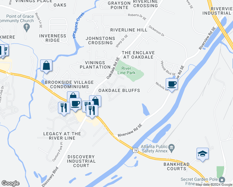 map of restaurants, bars, coffee shops, grocery stores, and more near 6174 Indian Wood Circle in Mableton