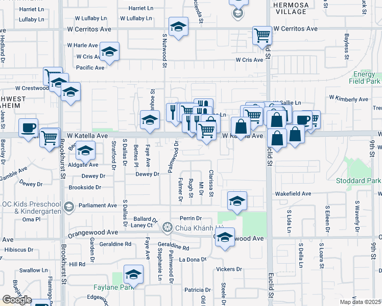 map of restaurants, bars, coffee shops, grocery stores, and more near 10622 Tibbs Circle in Garden Grove