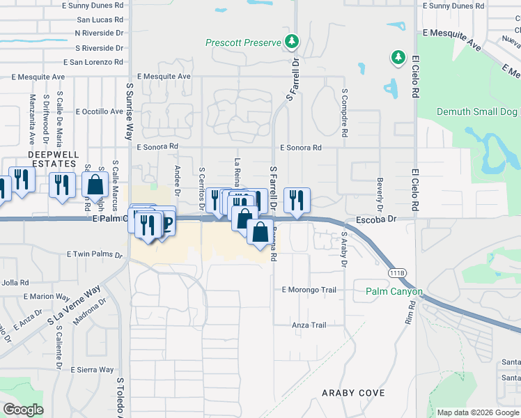 map of restaurants, bars, coffee shops, grocery stores, and more near 2424 East Palm Canyon Drive in Palm Springs
