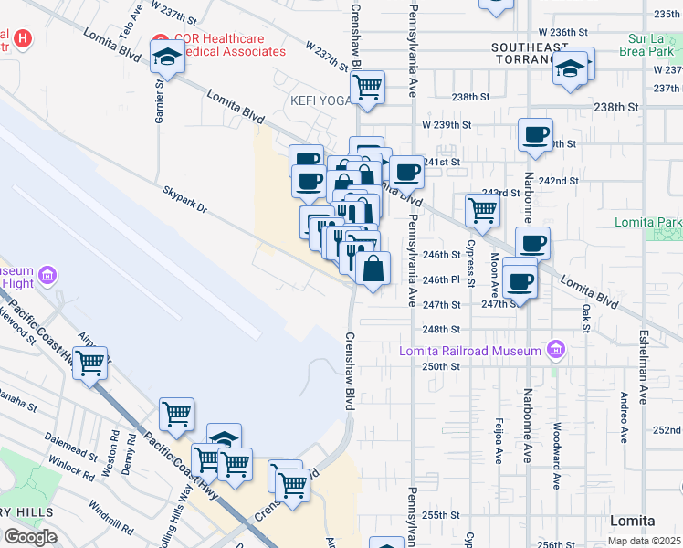 map of restaurants, bars, coffee shops, grocery stores, and more near 24631 Crenshaw Blvd in Torrance