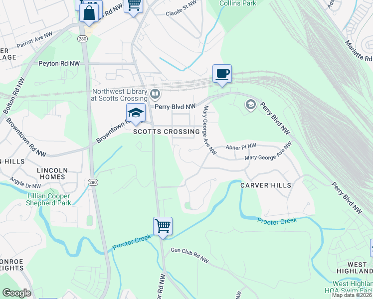 map of restaurants, bars, coffee shops, grocery stores, and more near 1665 Abner Court Northwest in Atlanta