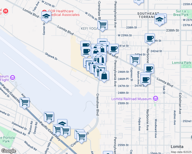 map of restaurants, bars, coffee shops, grocery stores, and more near 24631 Crenshaw Boulevard in Torrance