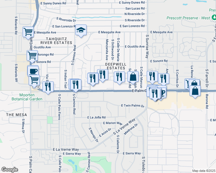 map of restaurants, bars, coffee shops, grocery stores, and more near 1150 East Palm Canyon Drive in Palm Springs