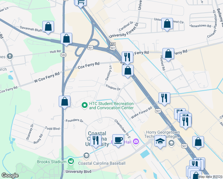 map of restaurants, bars, coffee shops, grocery stores, and more near 1511 Hicks Circle in Conway