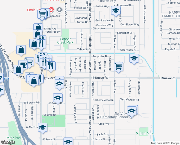 map of restaurants, bars, coffee shops, grocery stores, and more near 1198 Redlands Avenue in Perris