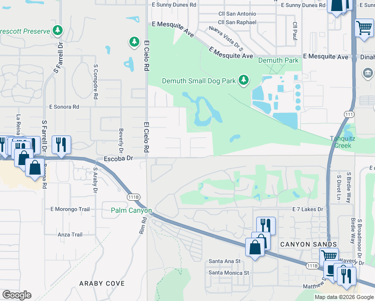 map of restaurants, bars, coffee shops, grocery stores, and more near 1681 Ponderosa Way in Palm Springs