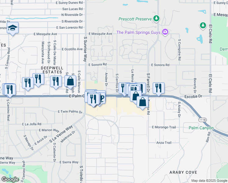map of restaurants, bars, coffee shops, grocery stores, and more near 2077 Normandy Court in Palm Springs