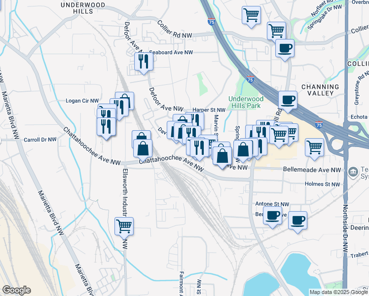 map of restaurants, bars, coffee shops, grocery stores, and more near 1740 Defoor Place Northwest in Atlanta