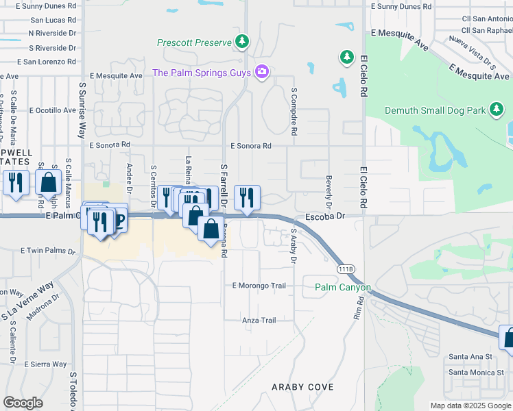 map of restaurants, bars, coffee shops, grocery stores, and more near 2755 Alondra Way in Palm Springs