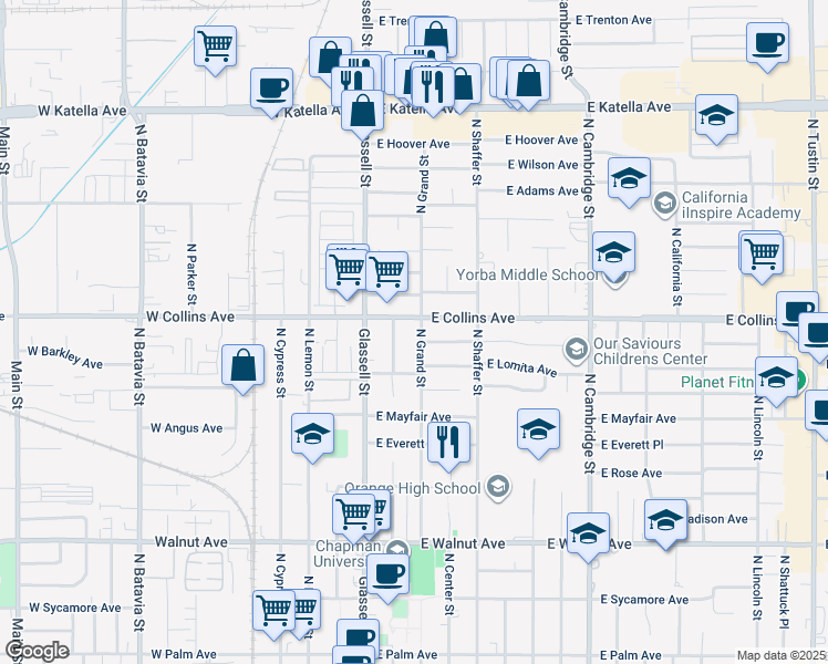 map of restaurants, bars, coffee shops, grocery stores, and more near 317 East Collins Avenue in Orange