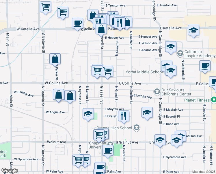 map of restaurants, bars, coffee shops, grocery stores, and more near 205 East Collins Avenue in Orange
