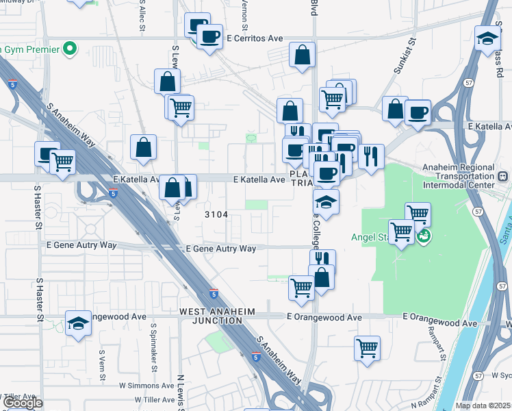 map of restaurants, bars, coffee shops, grocery stores, and more near 1532 East Katella Avenue in Anaheim