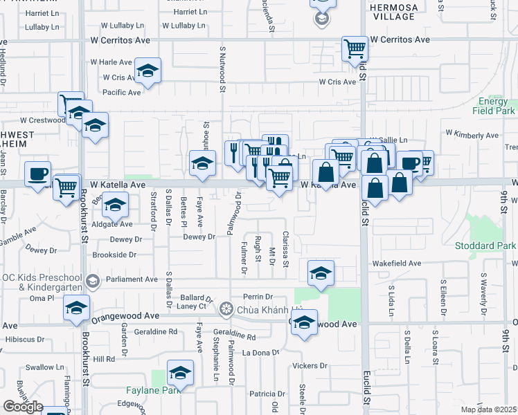 map of restaurants, bars, coffee shops, grocery stores, and more near 10621 Tibbs Circle in Garden Grove