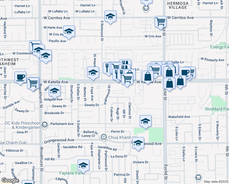 map of restaurants, bars, coffee shops, grocery stores, and more near 10621 Tibbs Circle in Garden Grove