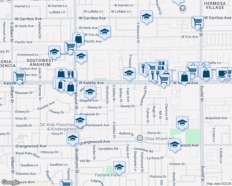 map of restaurants, bars, coffee shops, grocery stores, and more near 11042 Bettes Place in Garden Grove
