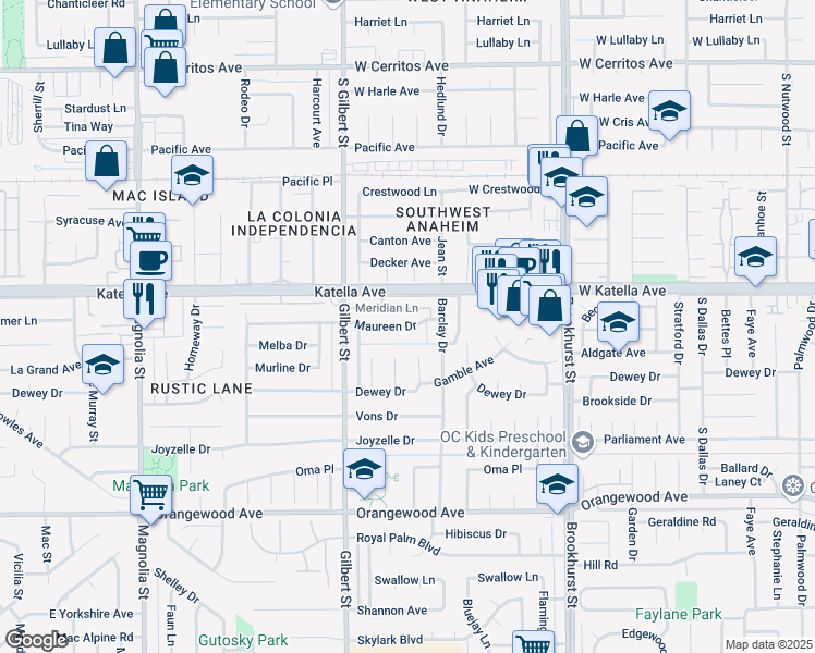 map of restaurants, bars, coffee shops, grocery stores, and more near 9672 Katella Avenue in Anaheim