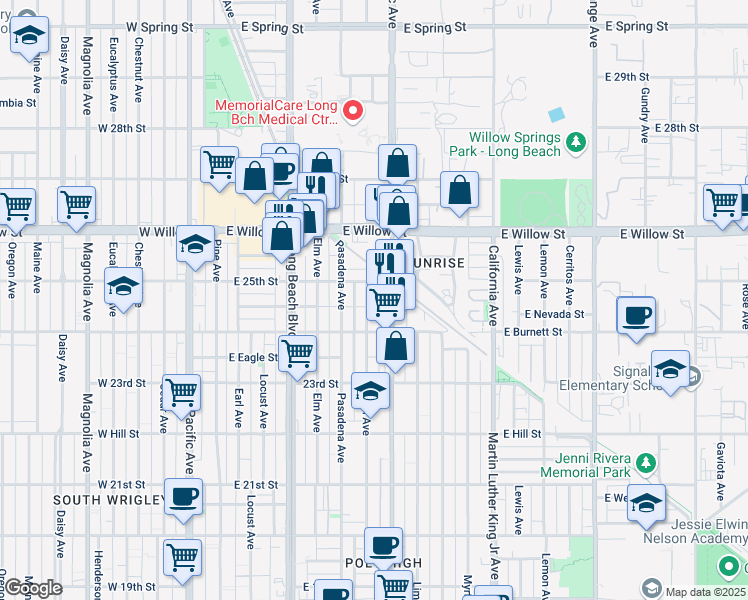map of restaurants, bars, coffee shops, grocery stores, and more near 2495 Linden Avenue in Long Beach