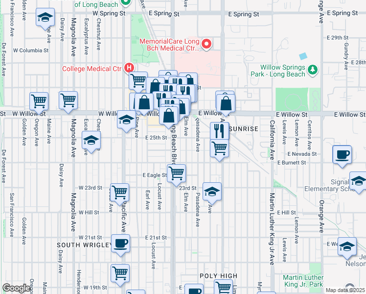 map of restaurants, bars, coffee shops, grocery stores, and more near 2492 Elm Avenue in Long Beach
