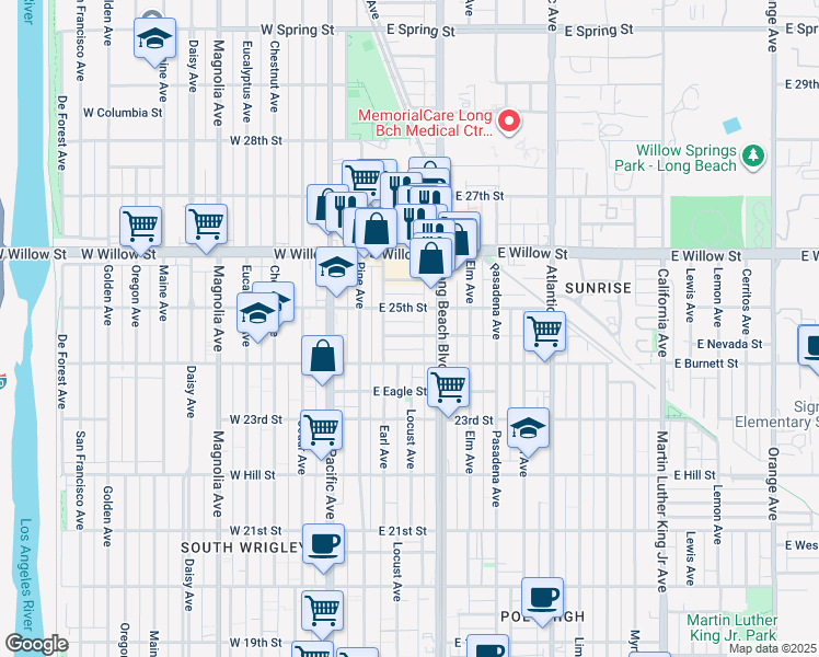 map of restaurants, bars, coffee shops, grocery stores, and more near 220 East 25th Street in Long Beach