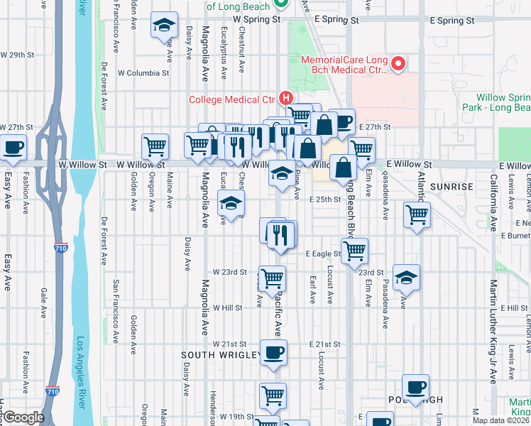 map of restaurants, bars, coffee shops, grocery stores, and more near 2491 Pacific Avenue in Long Beach
