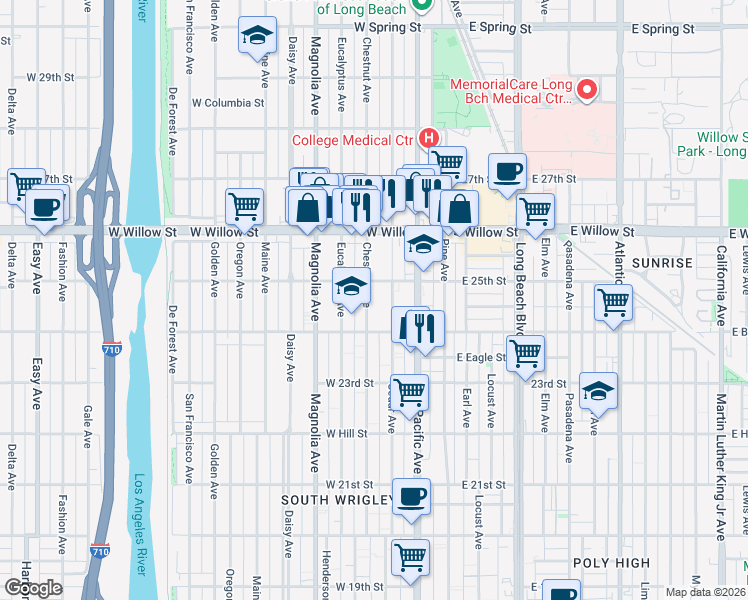 map of restaurants, bars, coffee shops, grocery stores, and more near 322 West 25th Street in Long Beach
