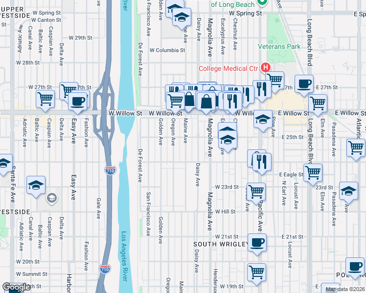 map of restaurants, bars, coffee shops, grocery stores, and more near 2490 Maine Avenue in Long Beach