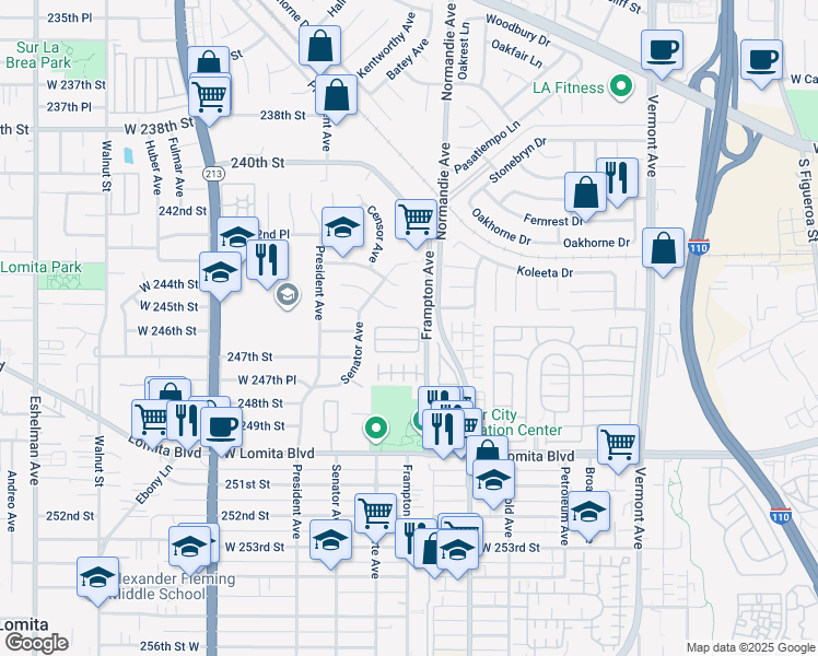 map of restaurants, bars, coffee shops, grocery stores, and more near 1358 West 244th Street in Los Angeles
