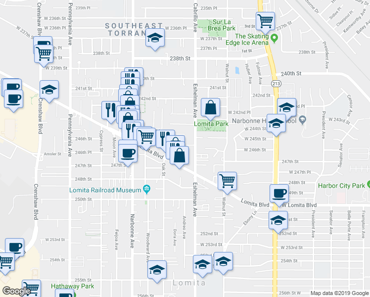 map of restaurants, bars, coffee shops, grocery stores, and more near 2024 Allbrook Street in Lomita