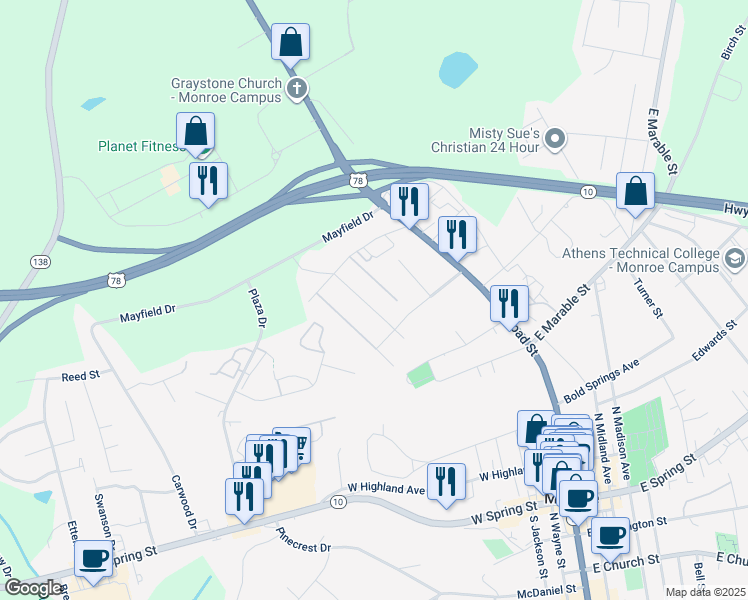 map of restaurants, bars, coffee shops, grocery stores, and more near 504A Carver Place in Monroe