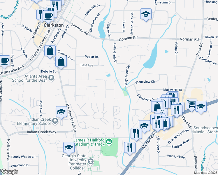 map of restaurants, bars, coffee shops, grocery stores, and more near 3858 Lagoon Way in Stone Mountain