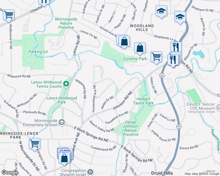 map of restaurants, bars, coffee shops, grocery stores, and more near 1751 Meadowdale Avenue Northeast in Atlanta