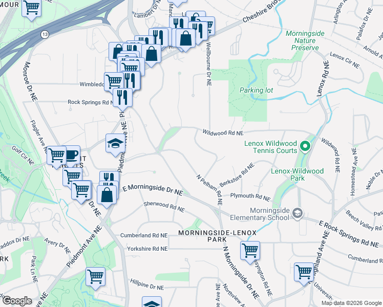 map of restaurants, bars, coffee shops, grocery stores, and more near 1717 North Pelham Road Northeast in Atlanta