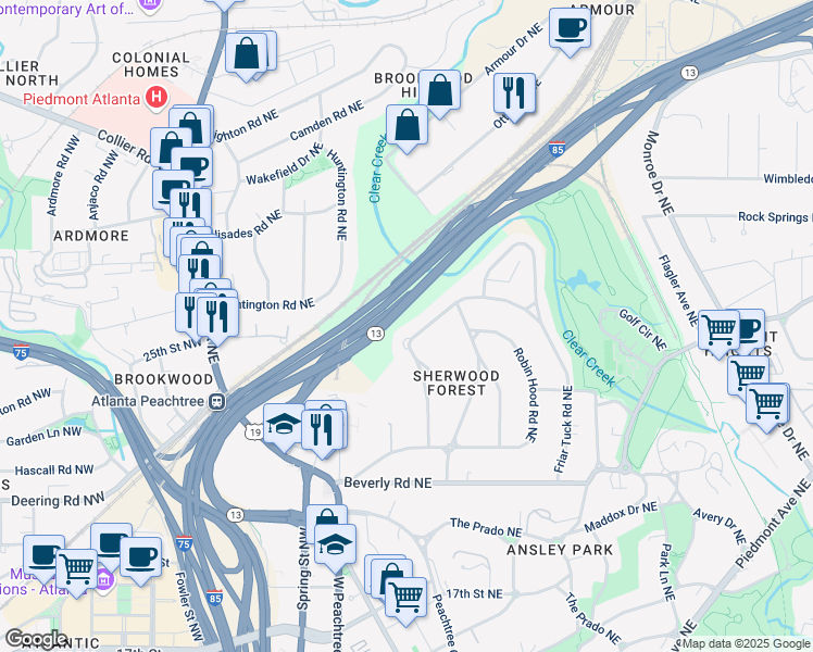 map of restaurants, bars, coffee shops, grocery stores, and more near 1718 Barnesdale Way Northeast in Atlanta