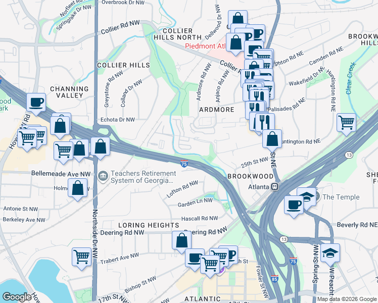map of restaurants, bars, coffee shops, grocery stores, and more near 216 Semel Drive in Atlanta