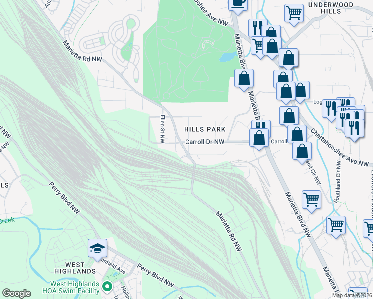 map of restaurants, bars, coffee shops, grocery stores, and more near 1667 Carroll Drive Northwest in Atlanta