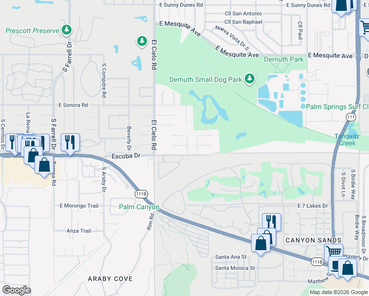 map of restaurants, bars, coffee shops, grocery stores, and more near 3599 El Gaucho Circle East in Palm Springs