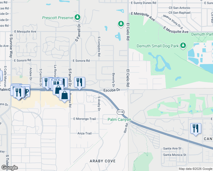 map of restaurants, bars, coffee shops, grocery stores, and more near in Palm Springs