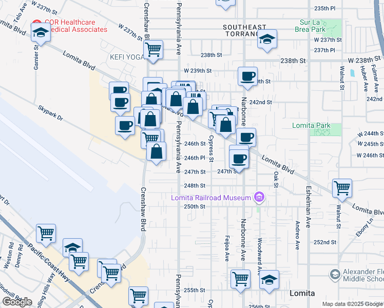 map of restaurants, bars, coffee shops, grocery stores, and more near 2347 246th Place in Lomita