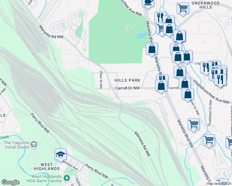 map of restaurants, bars, coffee shops, grocery stores, and more near 1667 Carroll Drive Northwest in Atlanta