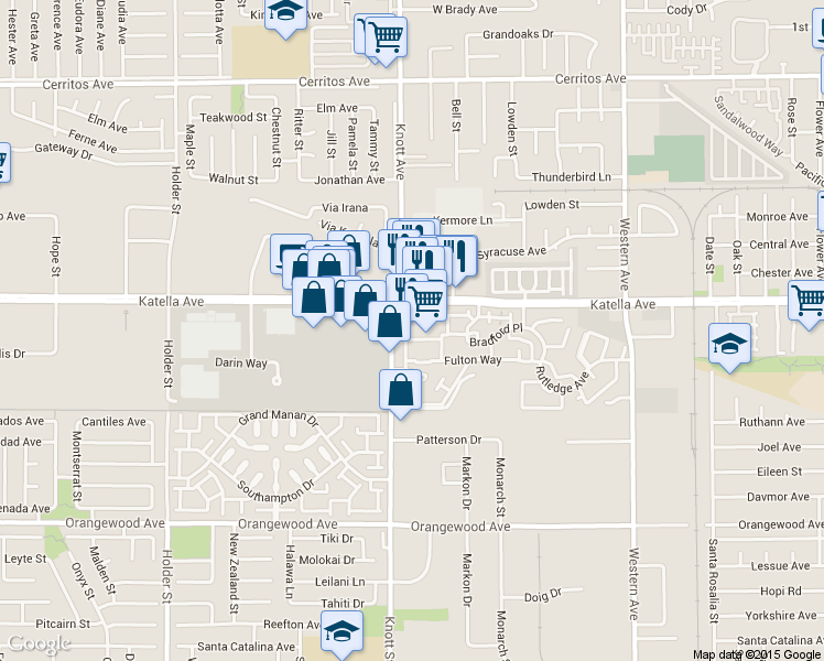 map of restaurants, bars, coffee shops, grocery stores, and more near 7006 Katella Avenue in Stanton