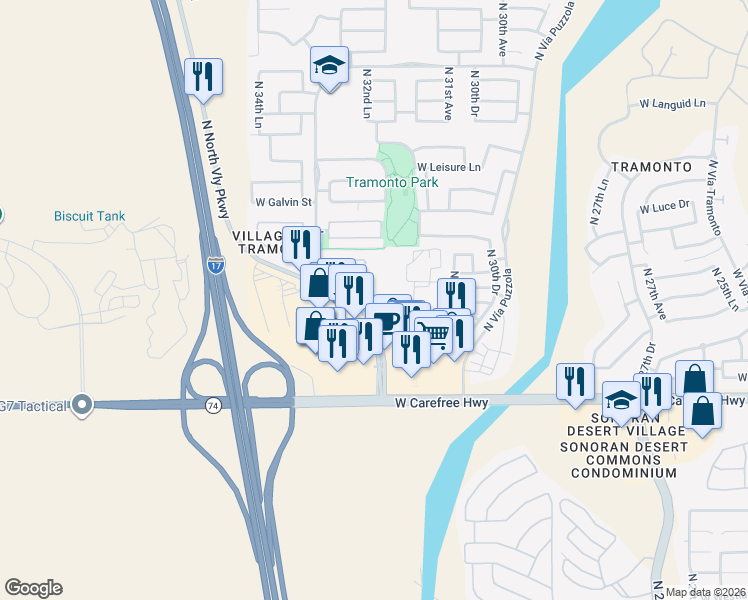map of restaurants, bars, coffee shops, grocery stores, and more near 34975 North Valley Parkway in Phoenix