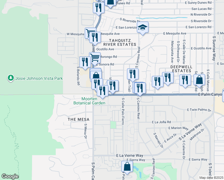 map of restaurants, bars, coffee shops, grocery stores, and more near 435 East Avenida Olancha in Palm Springs