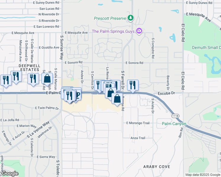 map of restaurants, bars, coffee shops, grocery stores, and more near 1660 La Reina Way in Palm Springs